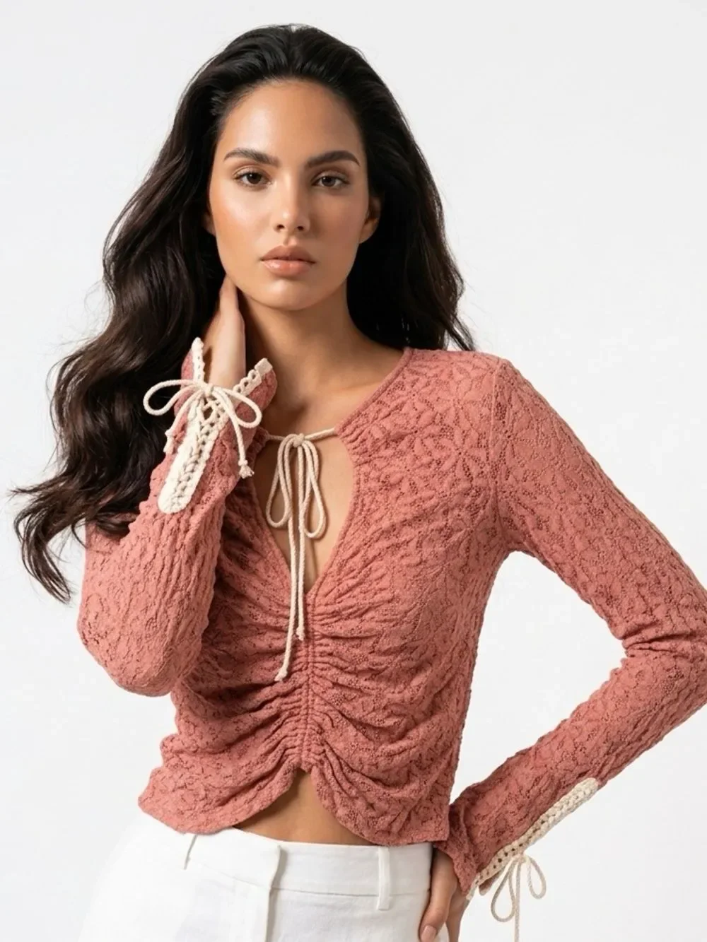 FREE PEOPLE | NEW Ruched Lace-Texture Coral Tie-Front Top Women’s Size Small